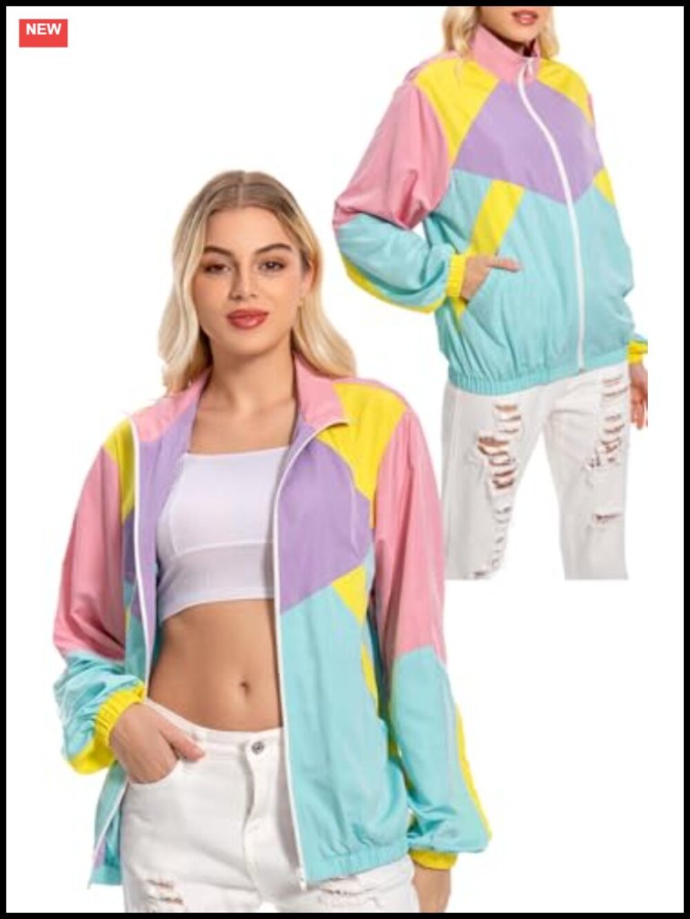 Women's 80s Retro Windbreaker Jacket Long Sleeve Zip Up